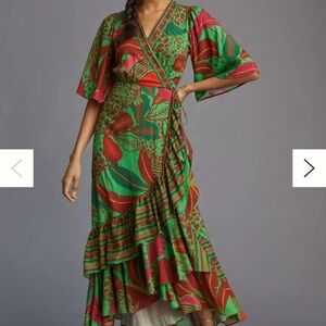FARM Rio Green & Red Floral Wrap Maxi Dress